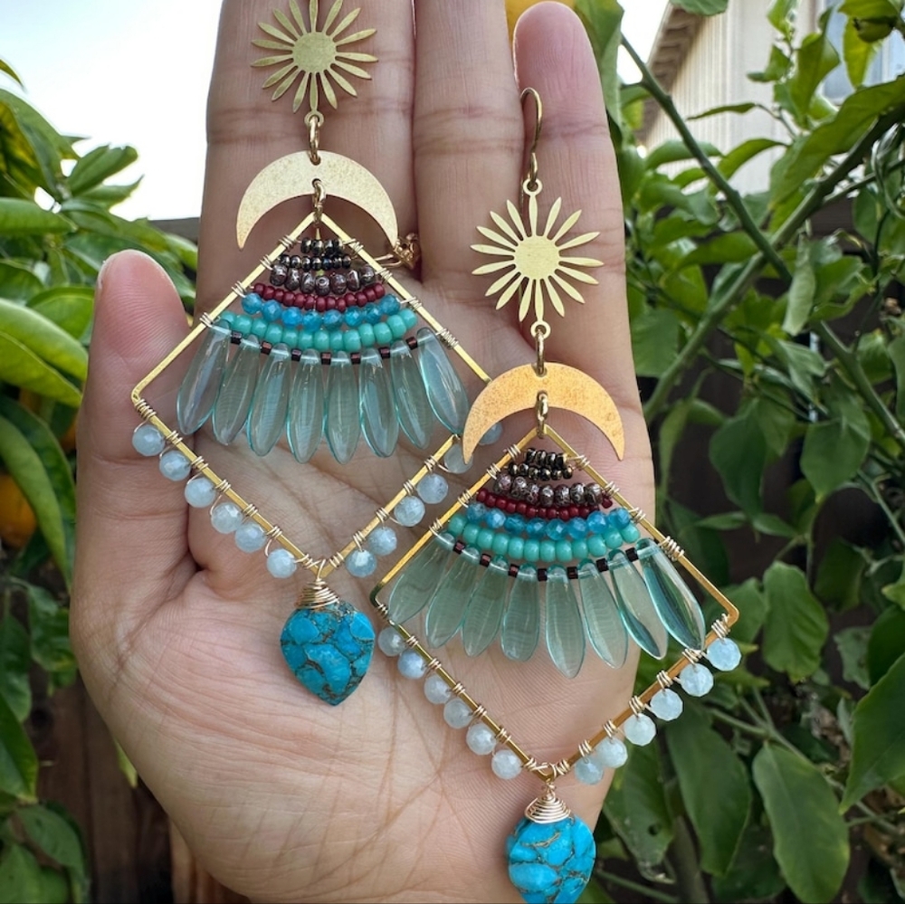 One of a kind luxe gemstone beaded earrings, copper turquoise , blue apatite ,